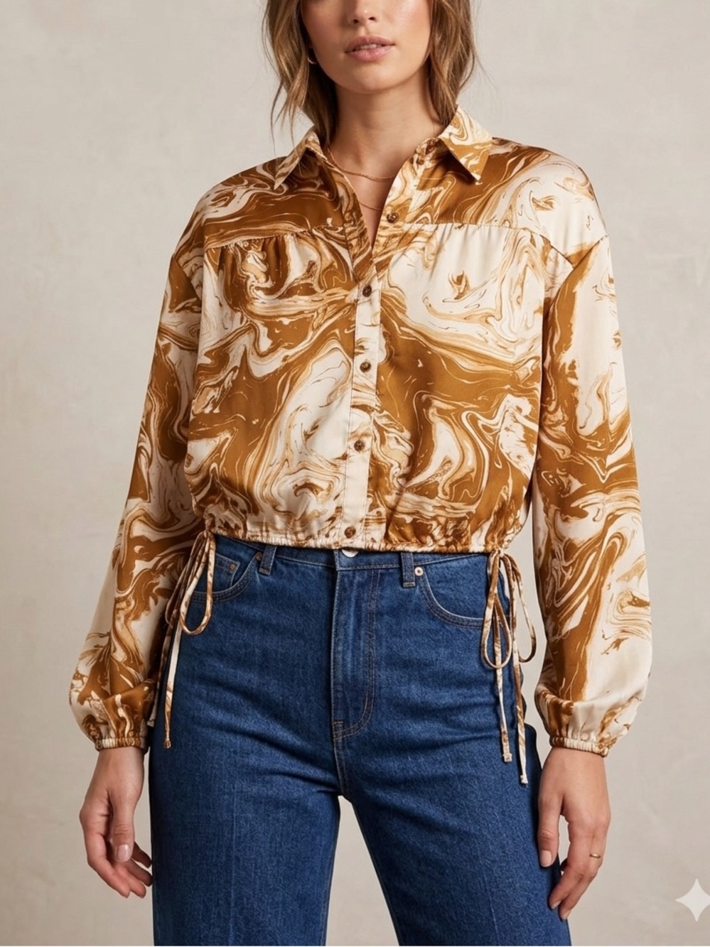 Blu Pepper Swirl Print Button-Down Top — Tan & Cream
